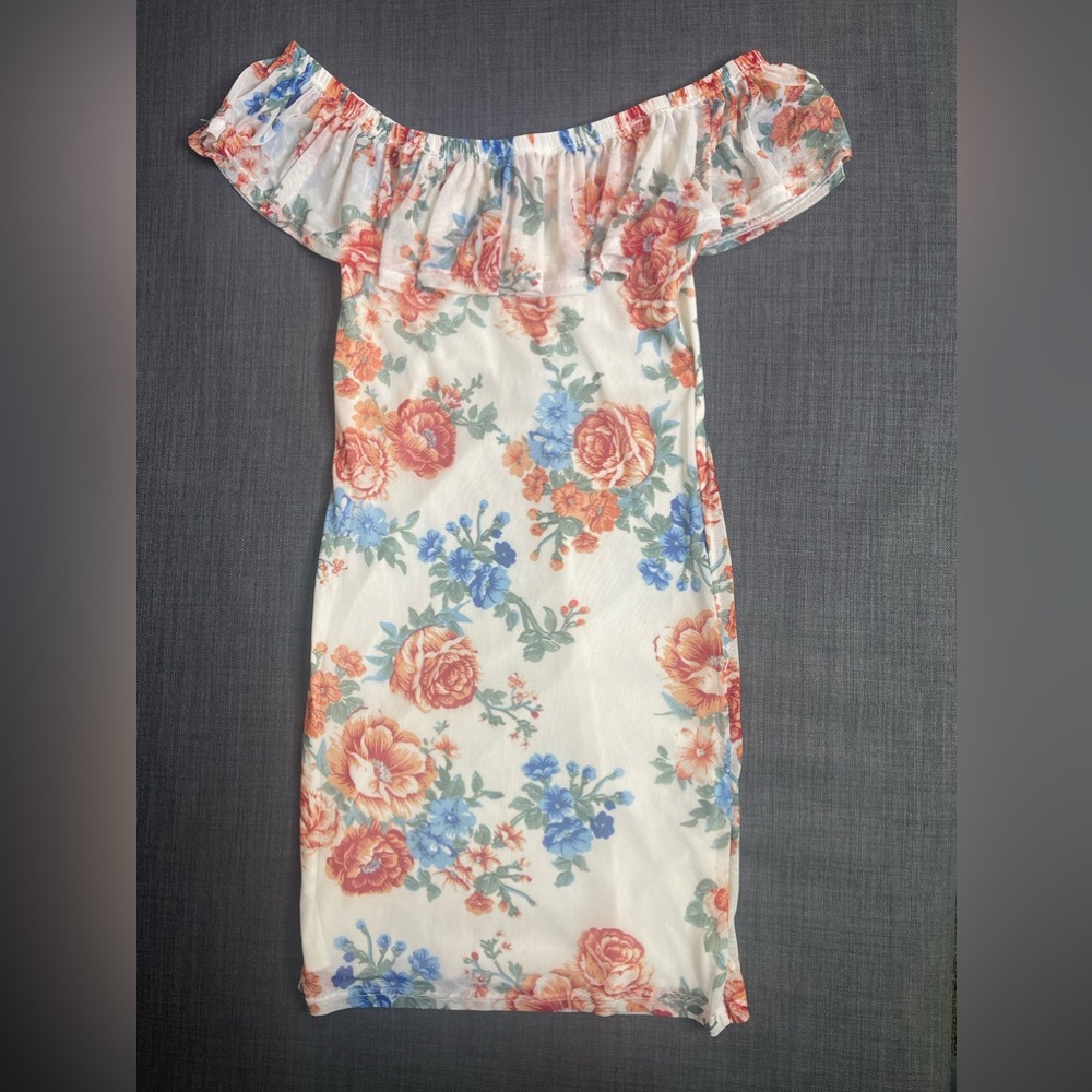 Off-Shoulder Floral Maxi Dress - Cream with Coral & Blue Blooms